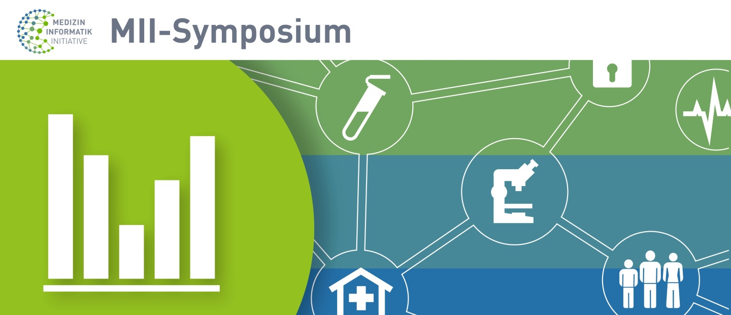 Rechts neben einem Balkendiagramm sind mehrere Symbole wie ein Reagenzglas und ein Mikroskop in einem Netz verbunden. Oben steht der Text "MII-Symposium".