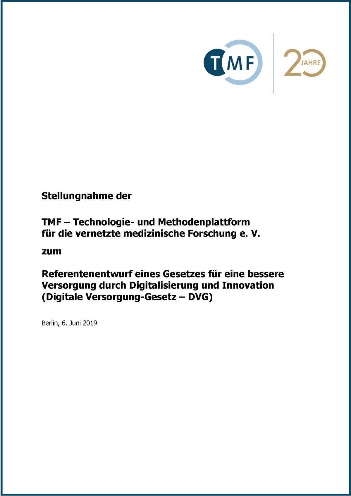 Cover der TMF-Stellungnahme zum Referentenentwurf zum Digitale Versorgung-Gesetz