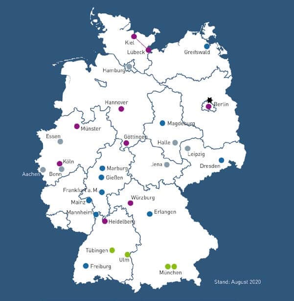 Die Standorte der Datenintegrationszentren auf einer Deutschlandkarte im August 2020