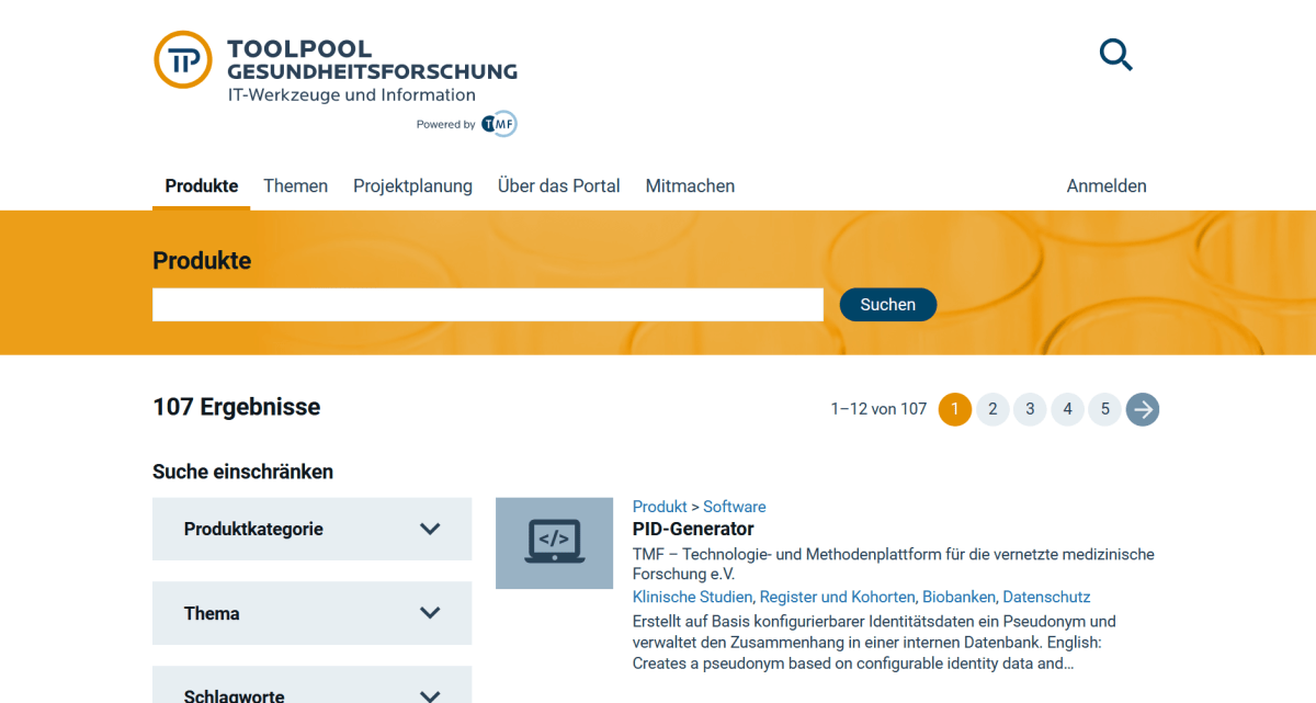 Website Toolpool Gesundheitsforschung Suchfunktion