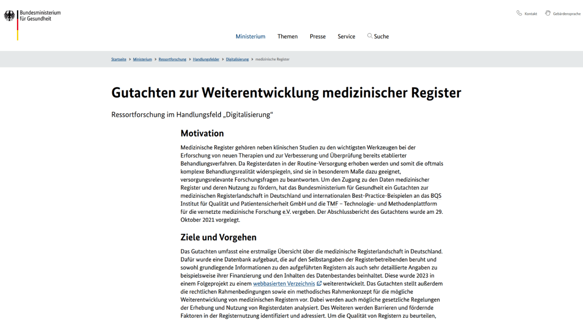 Gutachten zur Weiterentwicklung medizinischer Register