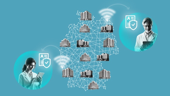 Eine Deutschlandkarte, auf der mehrere Krankenhäuser verteilt platziert sind. Links unten und rechts oben ist eine Person mit Tablet und WLAN-Symbol.