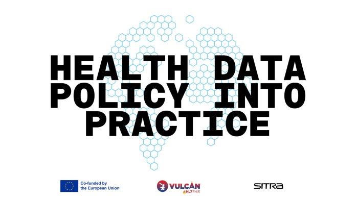 Health Data Policy into Practice – A TEHDAS2 and HL7 Vulcan Stakeholder Forum Der Text Health Data Policy into Practice vor einer Weltkarte, die sich aus einem Bienenwaben-Muster zusammensetzt